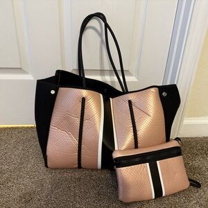HAUTE SHORE Black and Pink Color-Block Tote